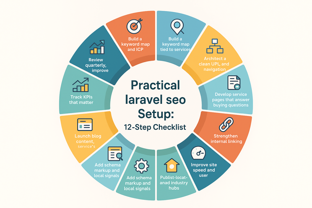 Illustration of circular infographic showing 12-step laravel SEO checklist