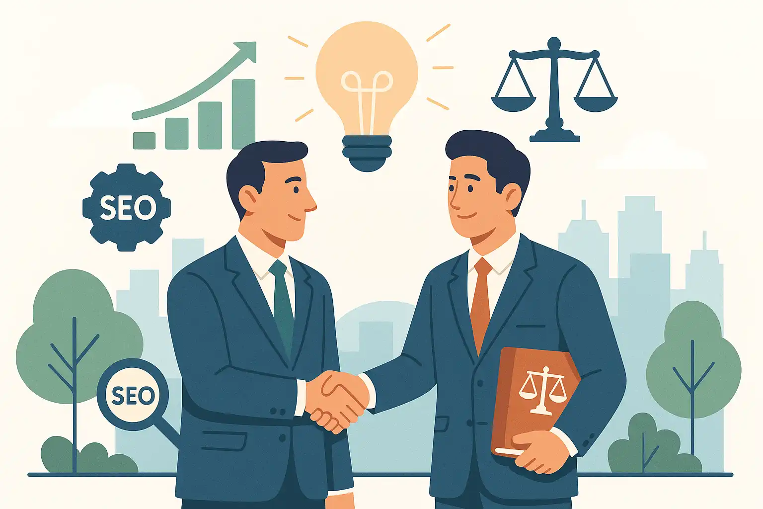 Vector illustration of lawyer and SEO partnership handshake