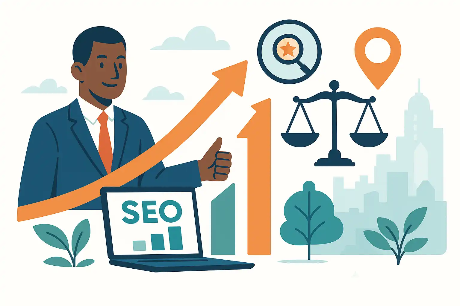 Vector illustration of lawyer SEO growth with business and legal icons