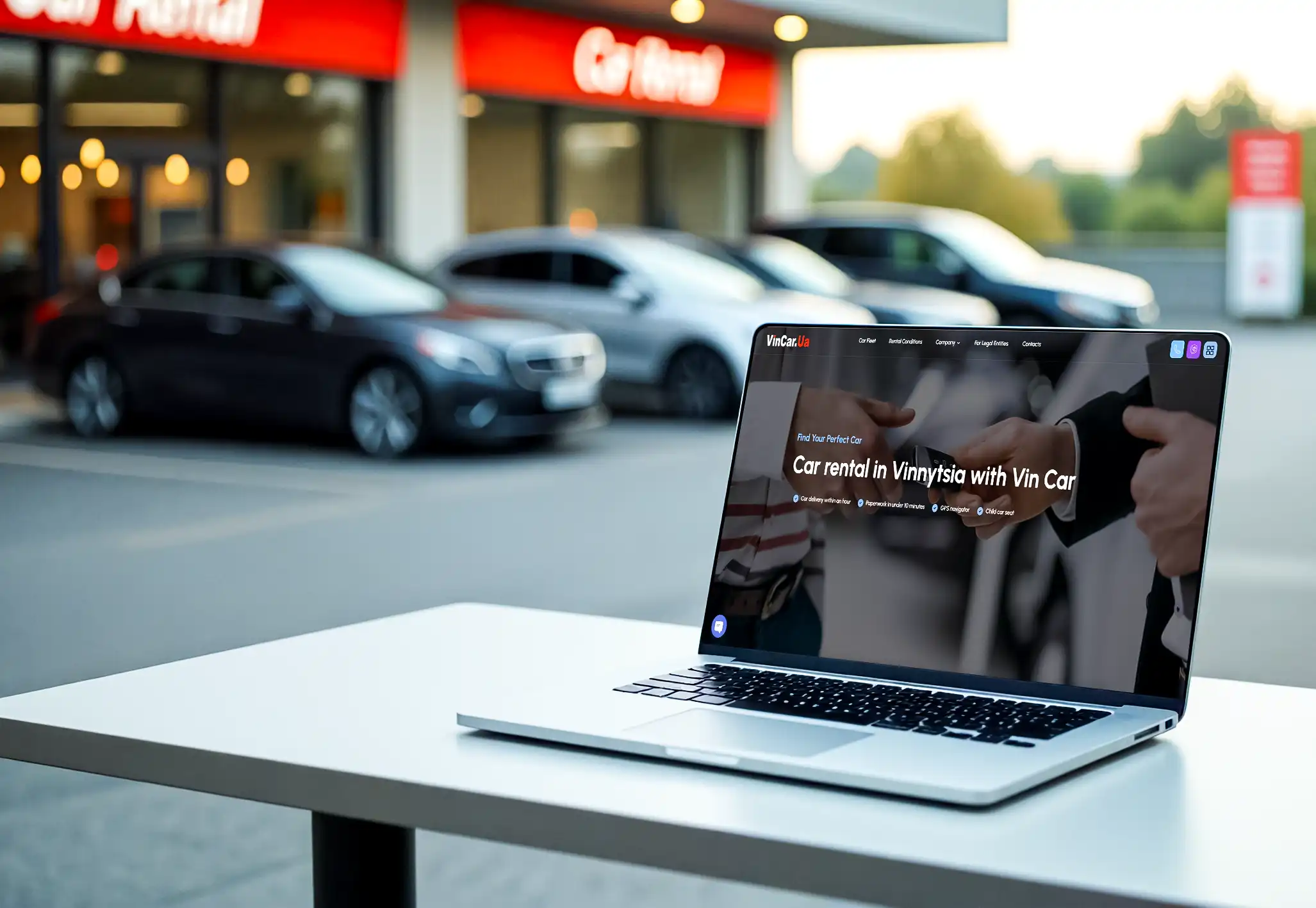laptop on the table with car rental website design