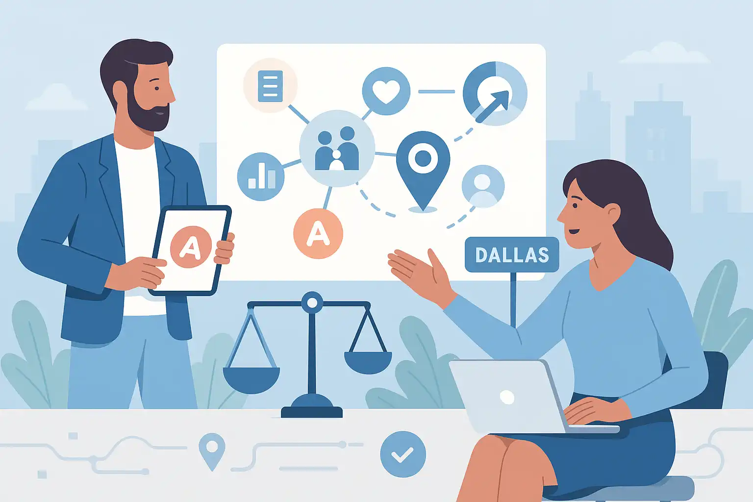 Flat vector on light blue background: two professionals collaborate on a topic map with nodes, location pin, scales of justice, charts and laptop; subtle Dallas city sign and skyline; soft blues, greys, pastel accents—visualizing family law content strategy.