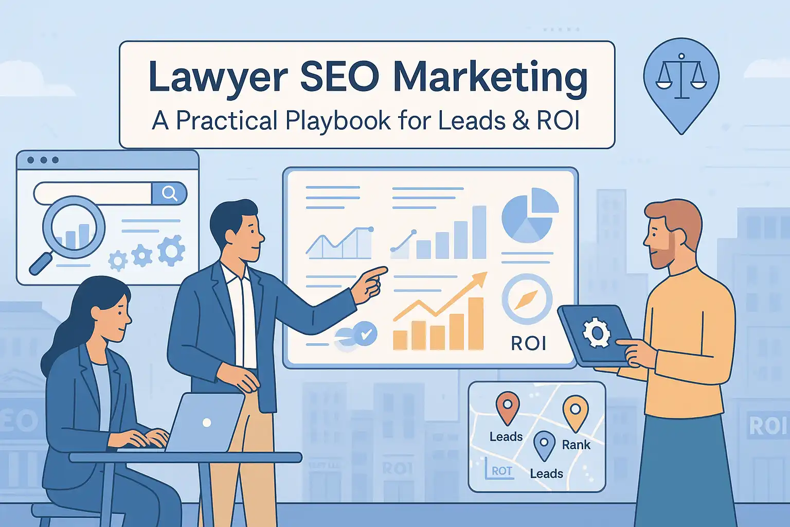 Illustration lawyer seo marketing ROI dashboard
