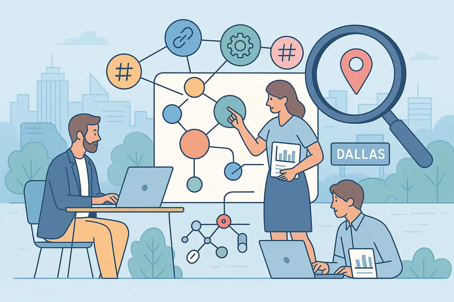 Team mapping LSI keywords with laptops, Dallas skyline.