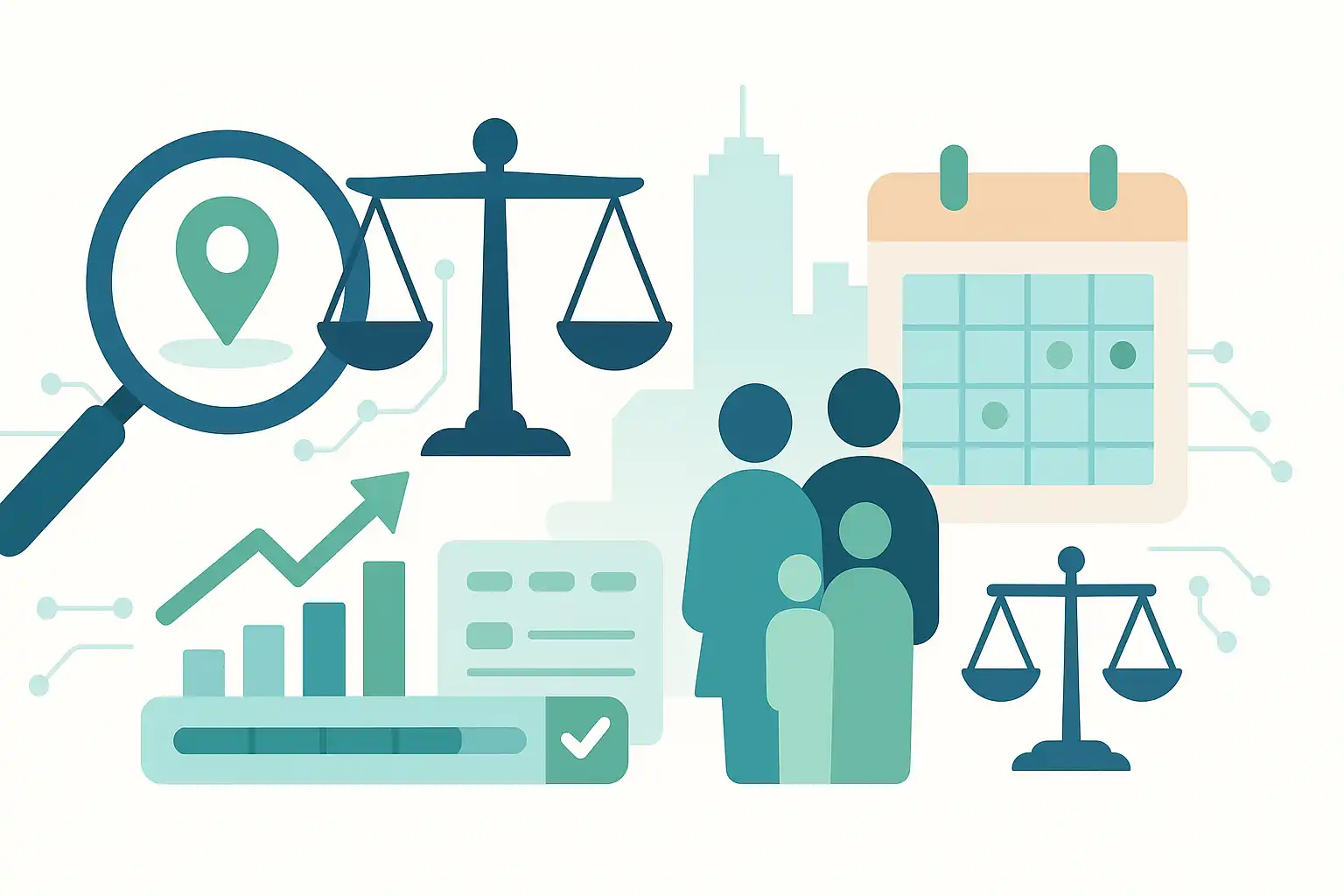 Clean vector cover on white: soft blues/greens showing magnifying glass with map pin, justice scales, family silhouettes, calendar and progress bar, growth chart, subtle Austin skyline and circuit motifs—symbolizing 30-day SEO plan for family lawyers.