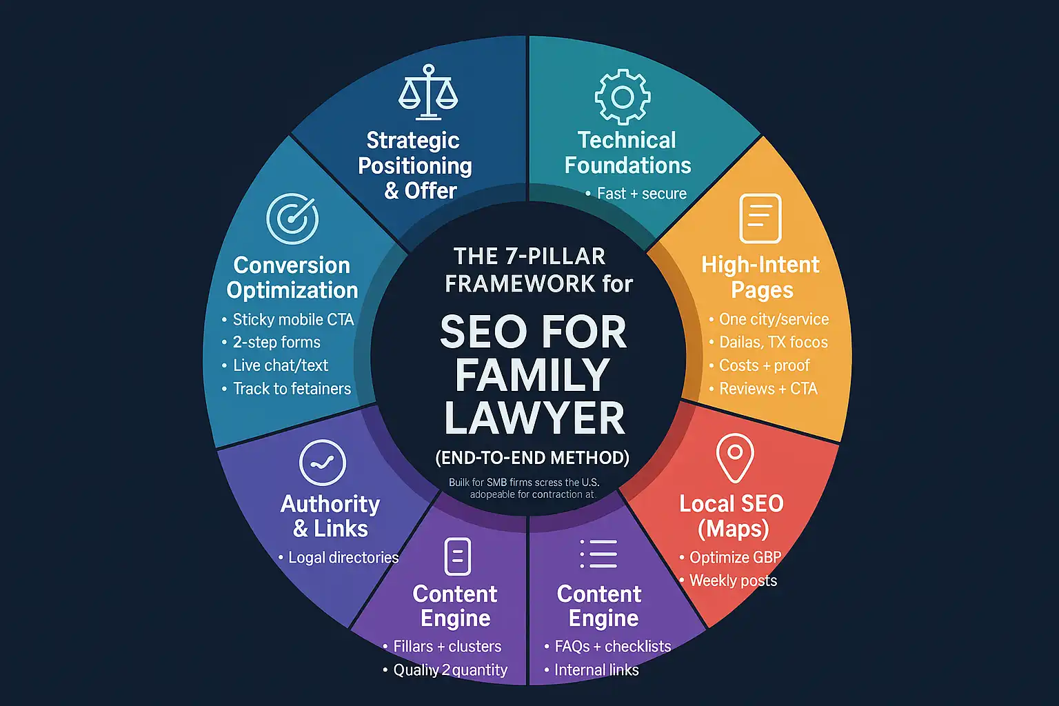 Circular infographic with seven ringed segments around a central title, showing Strategic Positioning, Technical Foundations, High-Intent Pages, Local SEO, Content Engine, Authority & Links, and Conversion Optimization—clean vector style on a horizontal layout.