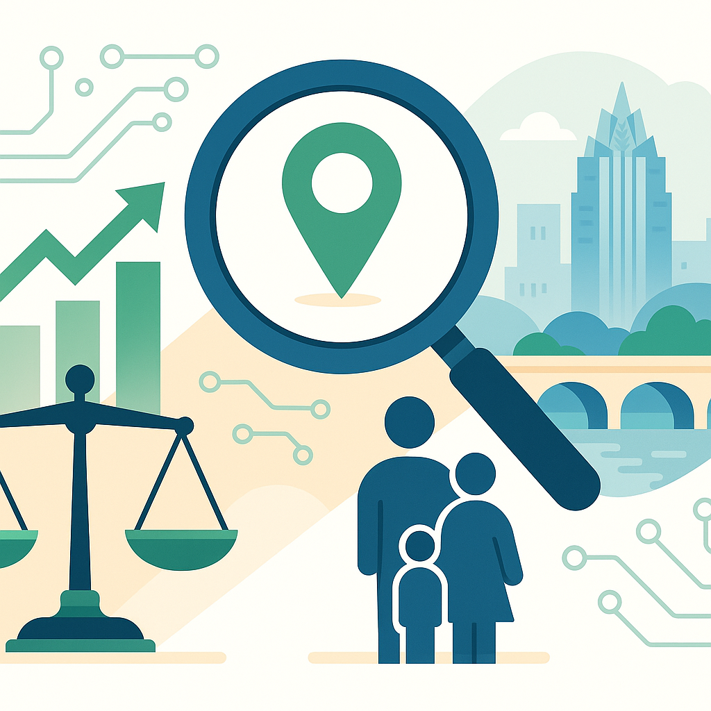 Modern vector cover: soft blues/greens on white background showing a magnifying glass with map pin, justice scales, family silhouettes, growth chart, circuit lines, and a subtle Austin skyline—symbolizing SEO, legal services, tech, and local focus.